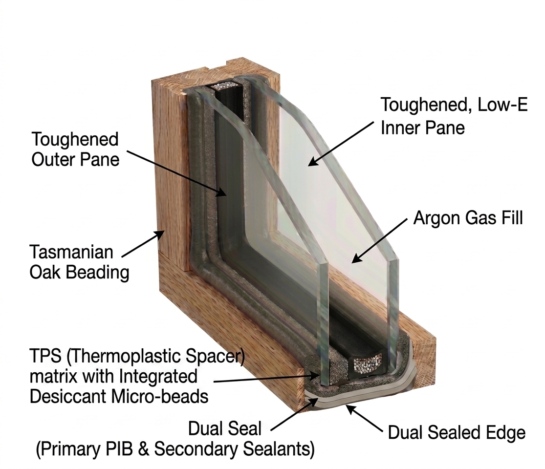 Cross-section diagram of an insulated glass unit (IGU) in a timber frame, labelled: toughened outer pane, toughened Low-E inner pane, argon gas fill, Tasmanian oak beading, TPS thermoplastic spacer with integrated desiccant micro-beads, dual seal (primary PIB and secondary sealants), and dual sealed edge